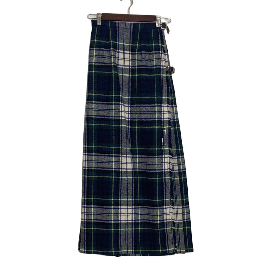 Handmade Kilt Womens XS Blue Green Gordon Tartan Plaid Wool Long Maxi Skirt